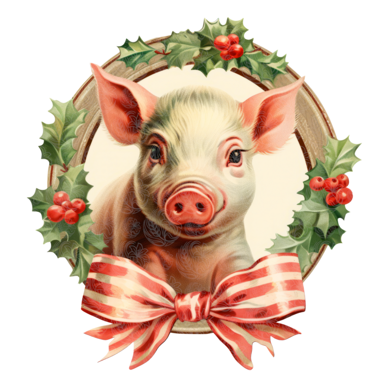 Christmas pig wreath with holly berries and striped bow vintage style Grey Barn Handwerk, Saskatchewan.